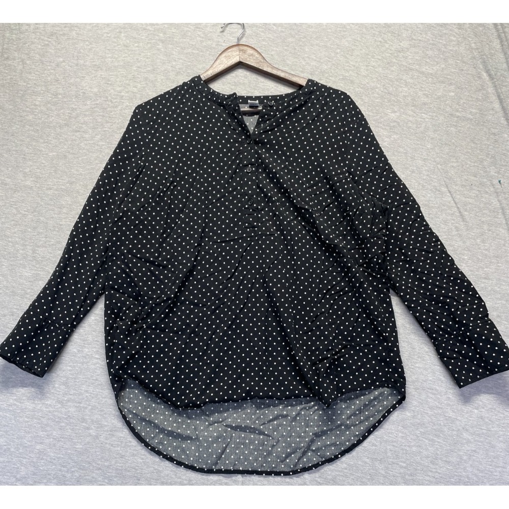 Old Navy Blouse Top Womens XL Black White Polka Dot Print Henley Neck Hi Low Hem